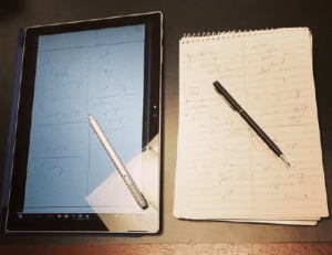 Figure 4: Consecutive notes on the Surface Pro 4 with the Surface Pen, compared to a steno pad and analog pen.