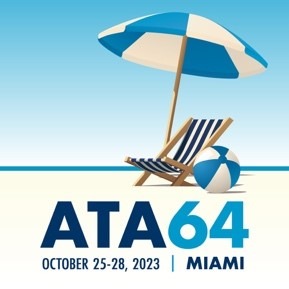 Blue and white striped beach chair with matching umbrella in the sand. A beach ball sits on the ground next to the chair. The caption ATA64, October 25-28, 2023, Miami