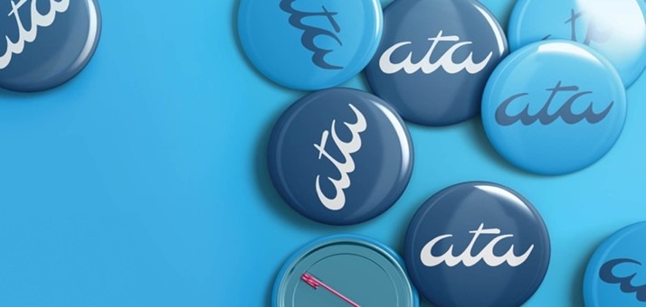 Image with blue background and various buttons in various shades of blue with the ATA logo on them.