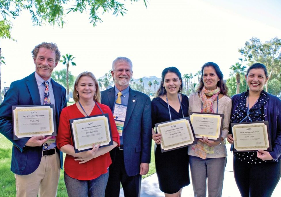 AFTI_2 (From Left) 2019 AFTI scholarship recipients Nick Cook, Gretchen Delfin, AFTI President Geoff Koby, Samantha Vila, Maria Delgado, and Carol Lujan