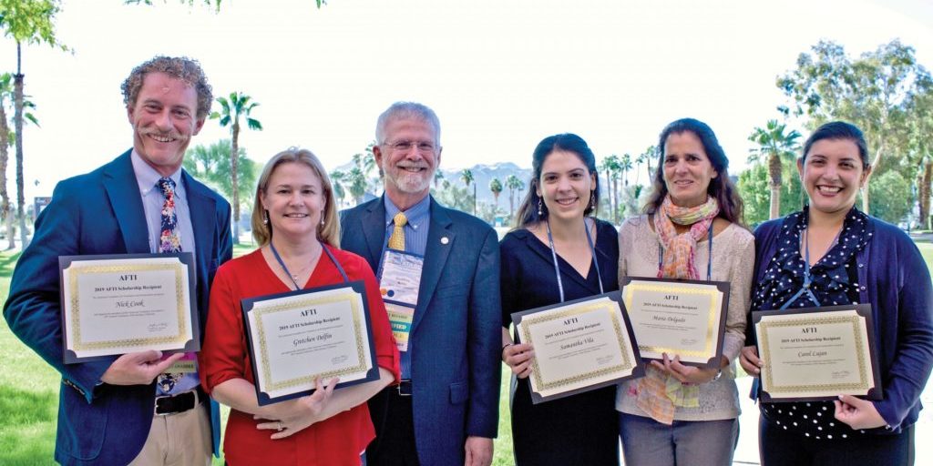AFTI_2 (From Left) 2019 AFTI scholarship recipients Nick Cook, Gretchen Delfin, AFTI President Geoff Koby, Samantha Vila, Maria Delgado, and Carol Lujan