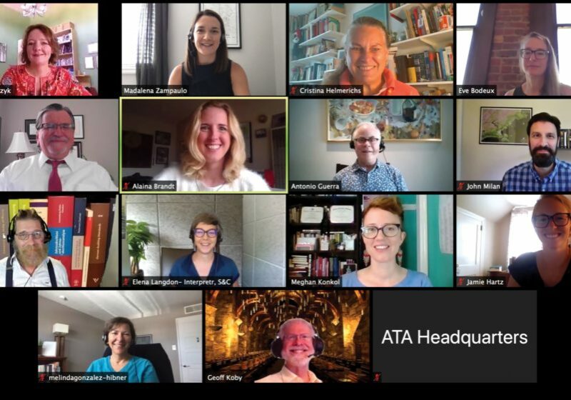 ATA_Board_August ATA Board of Directors 2019-2020 (left to right)
Top Row: Secretary Karen Tkaczyk, President-Elect Madalena Sánchez Zampaulo, Director Cristina Helmerichs, Director Eve Bodeux. Second Row: Executive Director Walter Bacak, Director Alaina Brandt, Director Tony Guerra, Treasurer John Milan. Third Row: President Ted Wozniak, Director Elena Langdon, Director Meghan Konkol, Director Jamie Hartz. Fourth Row: Director Melinda Gonzalez-Hibner, Director Geoff Koby.
