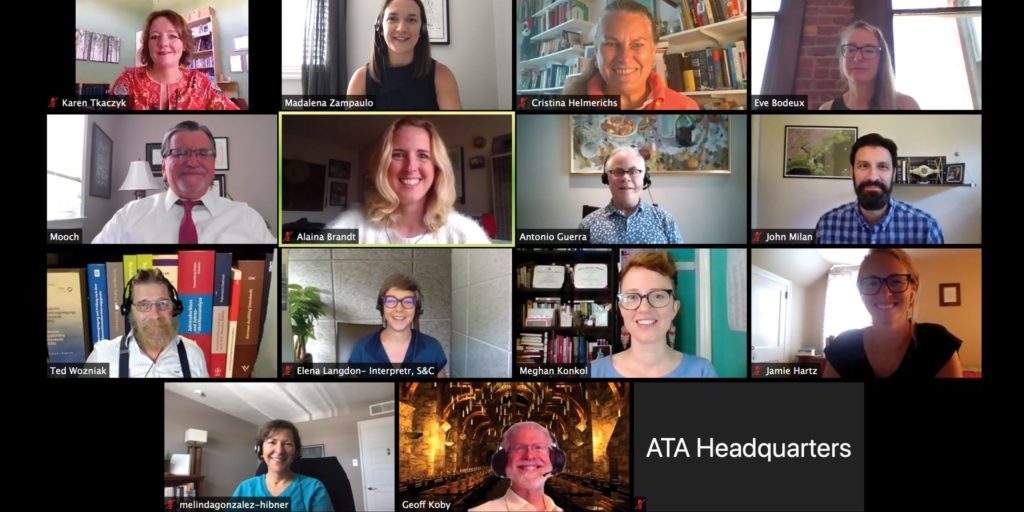 ATA_Board_August ATA Board of Directors 2019-2020 (left to right)
Top Row: Secretary Karen Tkaczyk, President-Elect Madalena Sánchez Zampaulo, Director Cristina Helmerichs, Director Eve Bodeux. Second Row: Executive Director Walter Bacak, Director Alaina Brandt, Director Tony Guerra, Treasurer John Milan. Third Row: President Ted Wozniak, Director Elena Langdon, Director Meghan Konkol, Director Jamie Hartz. Fourth Row: Director Melinda Gonzalez-Hibner, Director Geoff Koby.