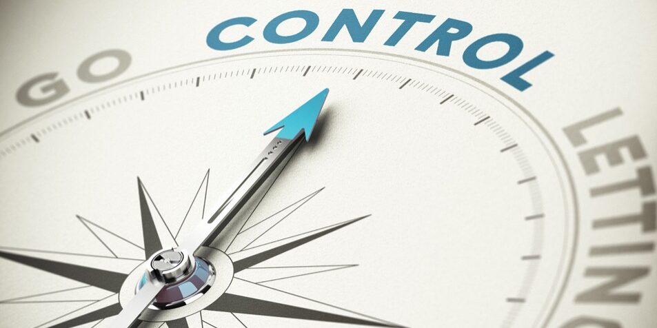 Self Control Psychology concept. Compass needle pointing the word control with blue and beige tones.